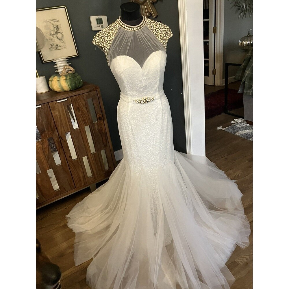 STUNNING CAMILLE LA VIE Heavily Beaded White Mermaid WEDDING GOWN SZ 10 DRESS - Picture 7 of 16